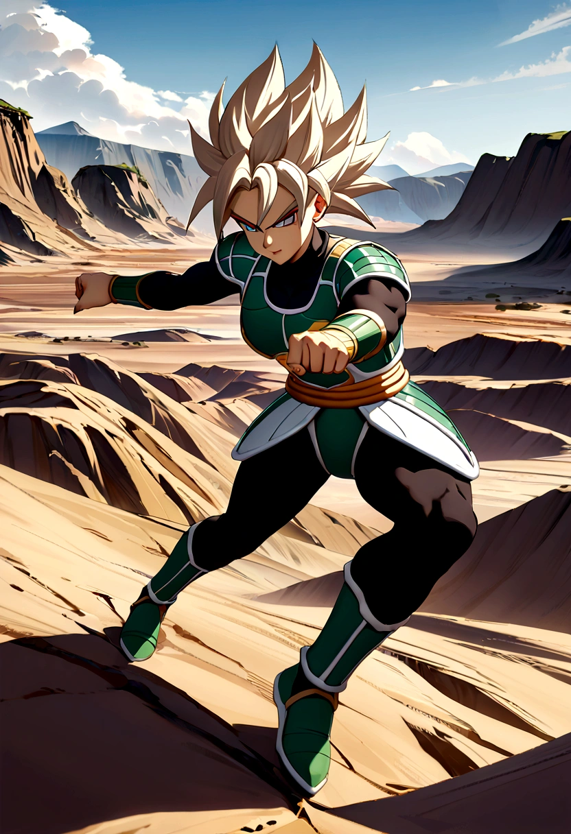 1girl, solo, perfect ???????, CG:1.9, ultra detailed:1.9, ultra-detailed:1.9, high resolution:1.9, high res:1.9, absurdres:1.9, masterpiece:2, high quality:2, best quality:2, (Create an image of a character wearing Saiyan armor inspired by the Dragon Ball series. The armor should include a chest plate with shoulder guards, wrist guards, and boots, all with a sleek, futuristic design. The chest plate and shoulder guards should be primarily white with black and gold accents. The wrist guards and boots should match, featuring the same color scheme. The character should have a muscular build and a confident, battle-ready pose, set against a dramatic background with elements of an alien landscape or battlefield. The design should capture the iconic look of Saiyan armor while incorporating modern, detailed aesthetics)