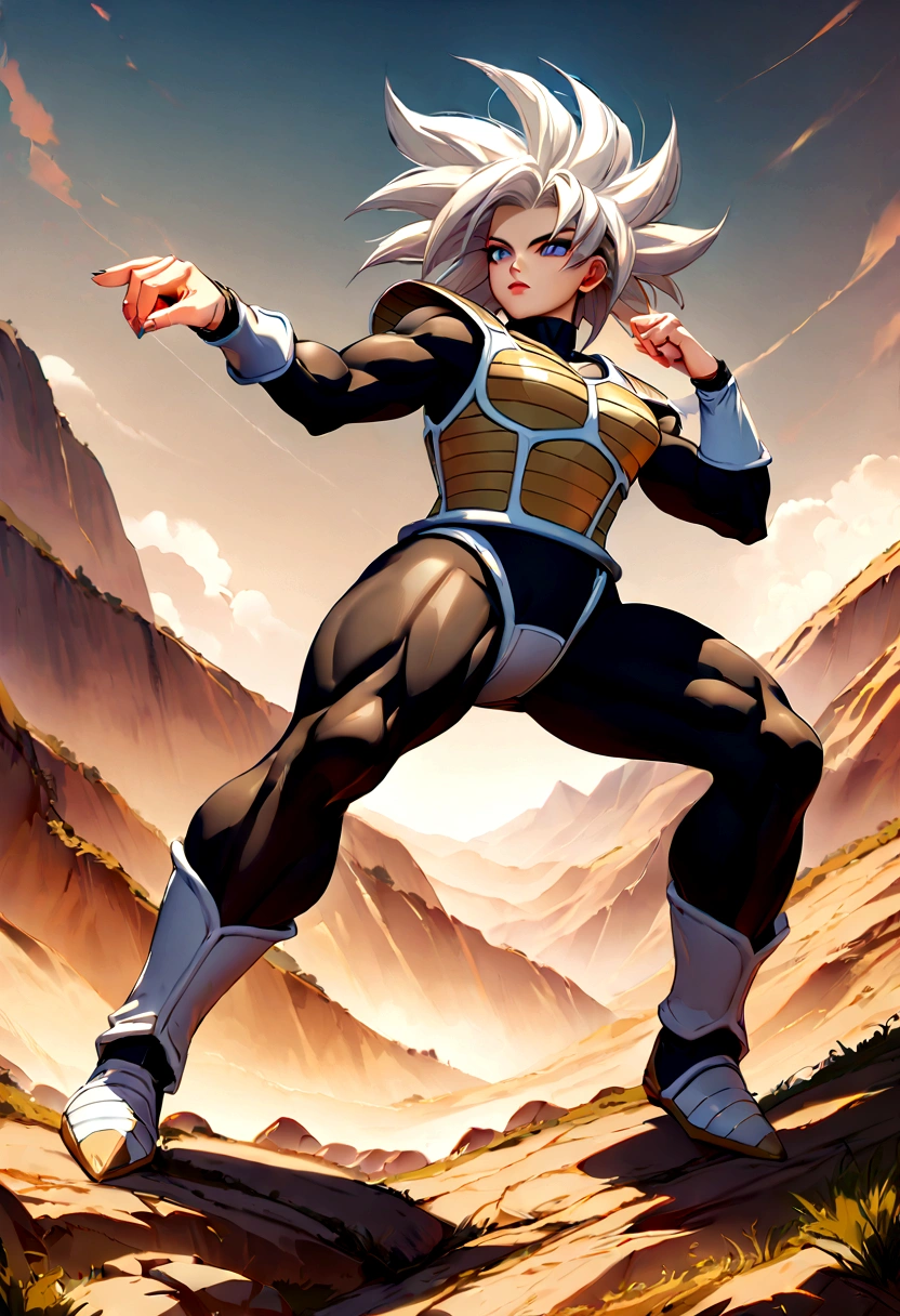 1girl, solo, perfect anatomy, CG:1.9, ultra detailed:1.9, ultra-detailed:1.9, high resolution:1.9, high res:1.9, absurdres:1.9, masterpiece:2, high quality:2, best quality:2, (Create an image of a character wearing Saiyan armor inspired by the Dragon Ball series. The armor should include a chest plate with shoulder guards, wrist guards, and boots, all with a sleek, futuristic design. The chest plate and shoulder guards should be primarily white with black and gold accents. The wrist guards and boots should match, featuring the same color scheme. The character should have a muscular build and a confident, battle-ready pose, set against a dramatic background with elements of an alien landscape or battlefield. The design should capture the iconic look of Saiyan armor while incorporating modern, detailed aesthetics)