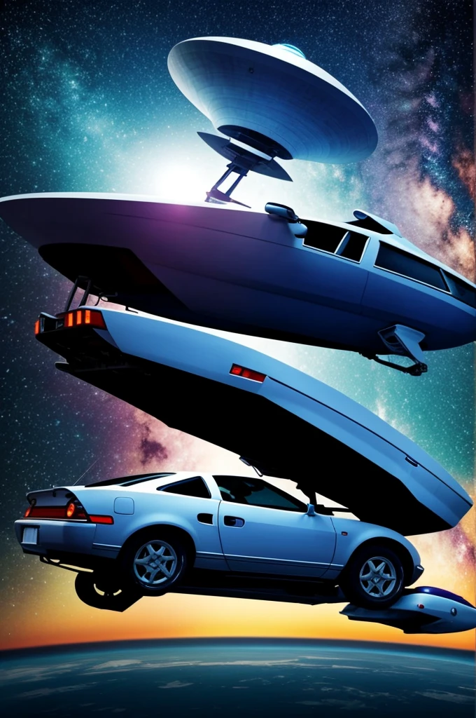 Generate an image, of a spaceship abducting a car
