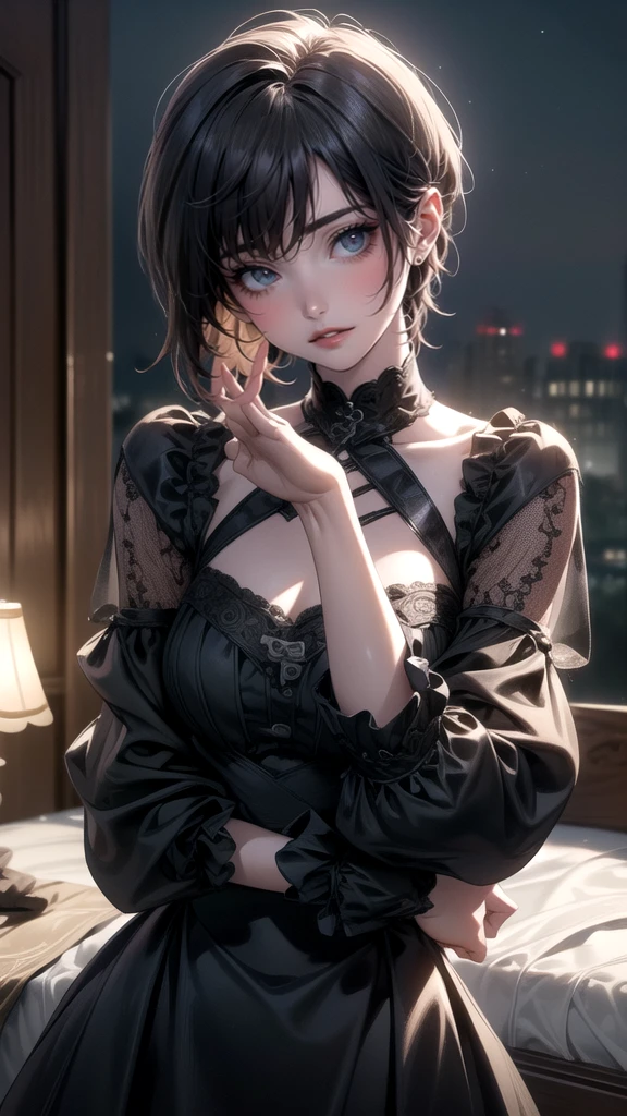 (Random Pose),(Highest image quality,(8K),Ultra-realistic,best quality, high quality, high definition, high quality texture,high detail,beautiful detailed,fine detailed,extremely detailed cg,detailed texture,a realistic representation of the face,masterpiece,Sense of presence),Shy,smile,Night room,Black Dress