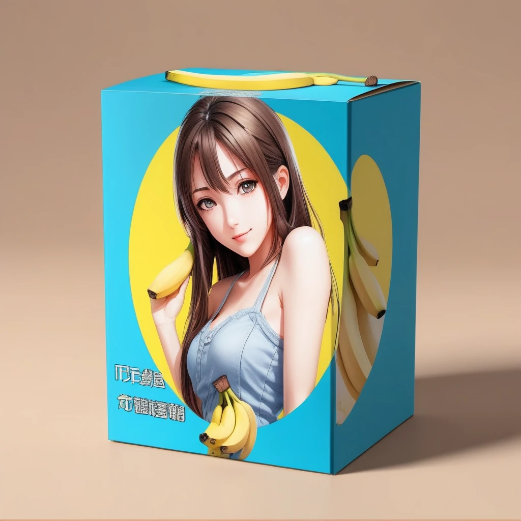 Photorealistic banana image of a box with a high quality illustration of an anime girl printed on top. The box needs to be well made., Probably made of cardboard or wood, Anime girls should be colorful and detailed. She strikes a dynamic pose、Maybe they&#39;re just laughing, but、The artwork is fascinating、It must be well integrated into the box design.。. Perspective、Both the box and the anime girl illustration must be clearly visible。. Lighting should highlight the box and illustrations, Make them the focal point of the image, (\Buttoned\),