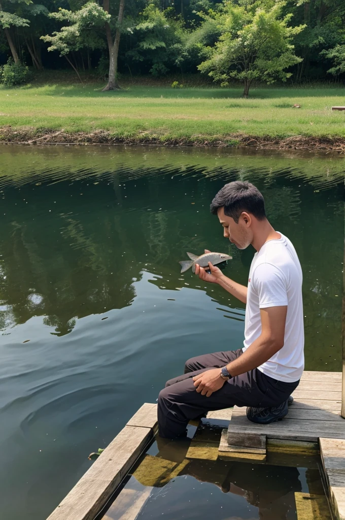 A bak eating fish in lake