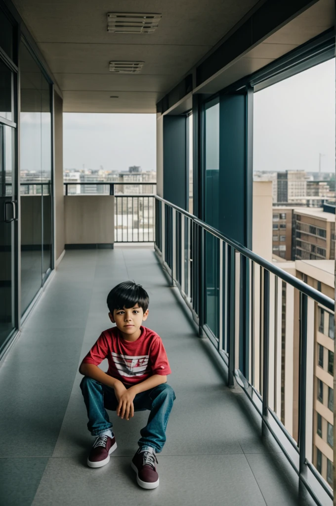 A boy sitting on the railing of a 7th floor
