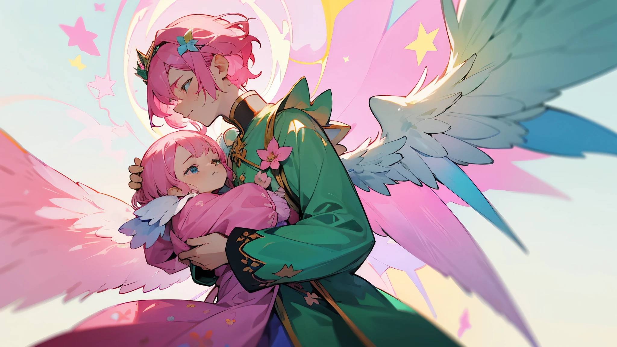 A man with short pink hair and bright blue stars. His face was hopeless and crying. He was tall and thin, wearing a green and pink outfit with a flower pattern on it, and green and pink pants with a flower pattern on it. There is a divine crown with a flower pattern attached to it. It has white divine wings with a flower pattern. in the mobile phone globe