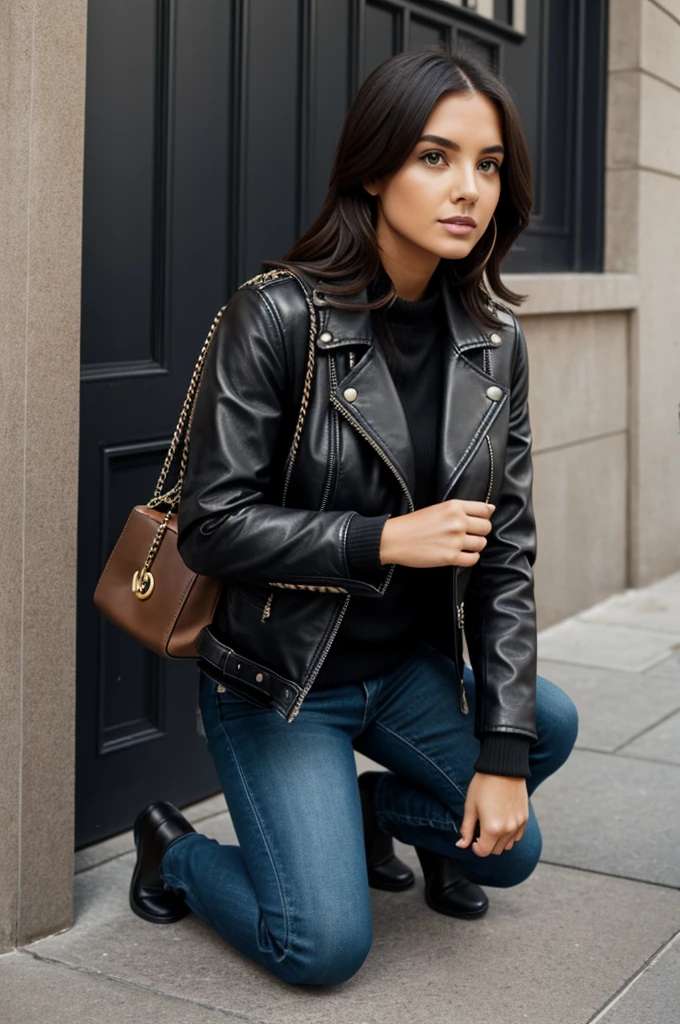Girl with leather jacket Michael Kors bag kneeling