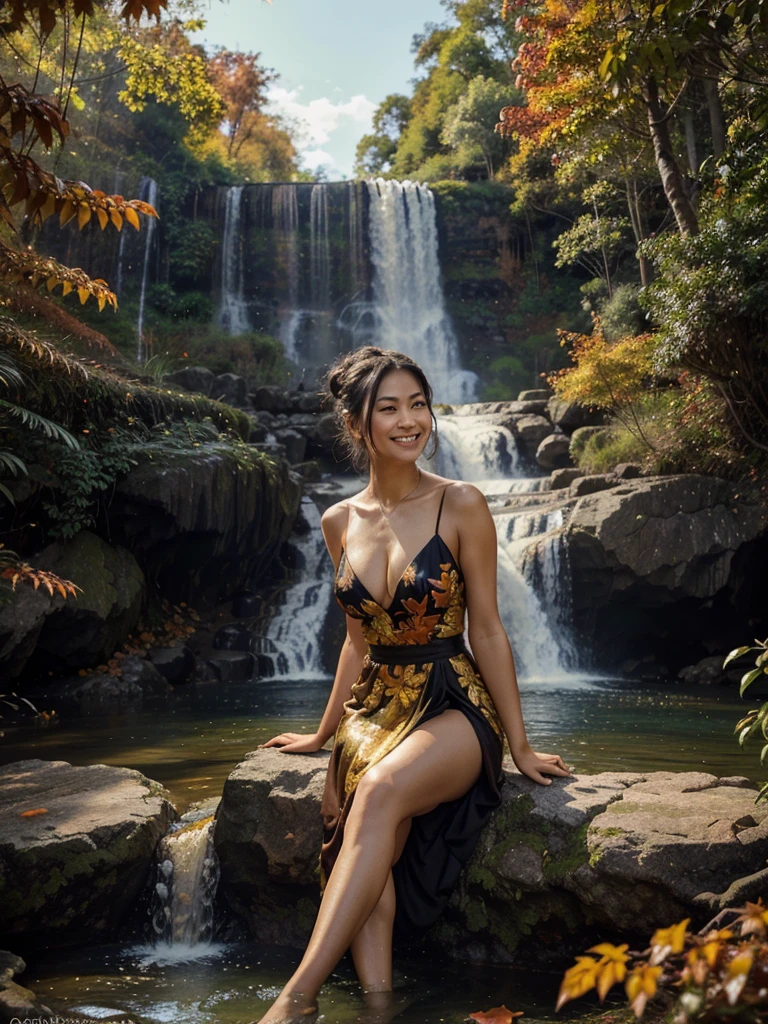 Create a realistic HD 16k digital oil painting of a graceful Asian woman sitting on a wooden swing amidst a stunning waterfall view. The woman wore a luxurious black and gold evening gown with a heart-shaped bodice and a high-slit skirt. Her hair was tied in a neat bun with a few strands falling gently. She smiled gently and raised her hand elegantly, surrounded by fluttering orange and blue butterflies. The backdrop features a double waterfall cascading into a clear pool, with red and orange autumn leaves in the distance. The painting style should be realistic fantasy with soft and dramatic lighting.