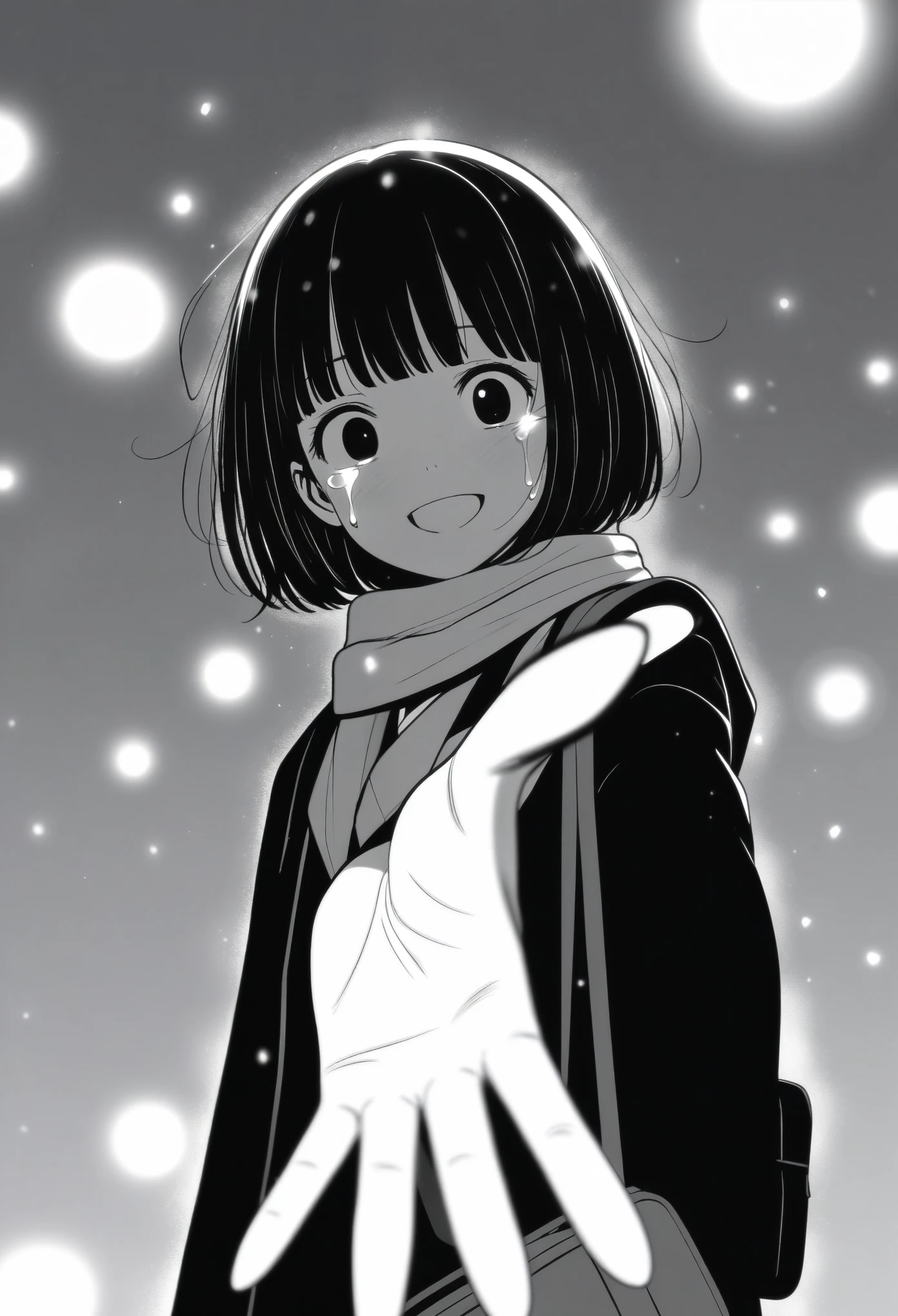 masterpiece, best quality, 1girl, mamerakkkkko, grayscale, manga style, japanese, chi no wadachi, black eyes, street, iced, black hair, schoolbag, smile, lineart, black coat, black scarf, black pleated skirt, leggins, centered, 18 years old, tall, fair skinned, bokeh background, crying, tears, tears streaming, bob cut, light particles, centered, snowing, (((reaching out left hand to viewer, perfect hand, detailed hand:1.1)), emotional anime scene