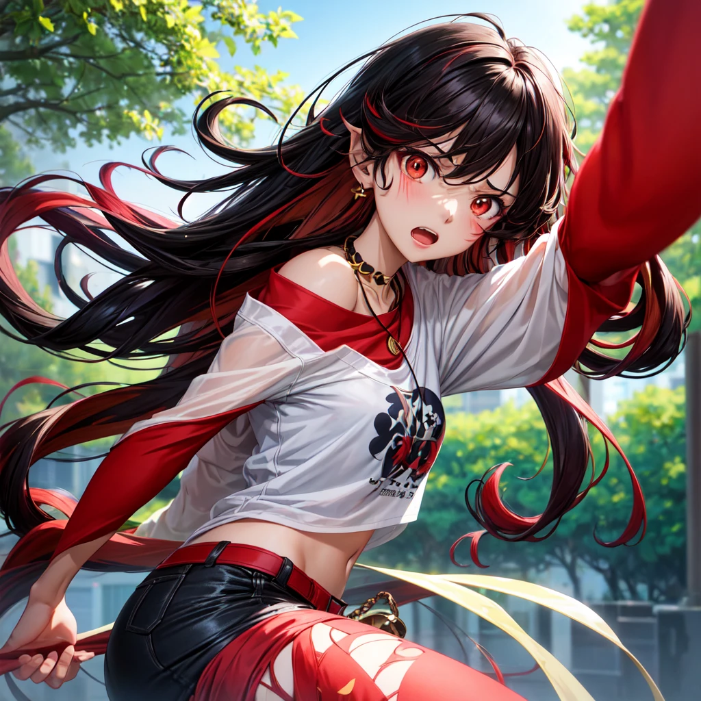 anime panel,upper body, 1girl,solo Korean, black curly hair with red highlights,long hair, red slanted eyes, casual clothes, ear piercing, necklace, hair illuminated by sunlight, park background, anger expression