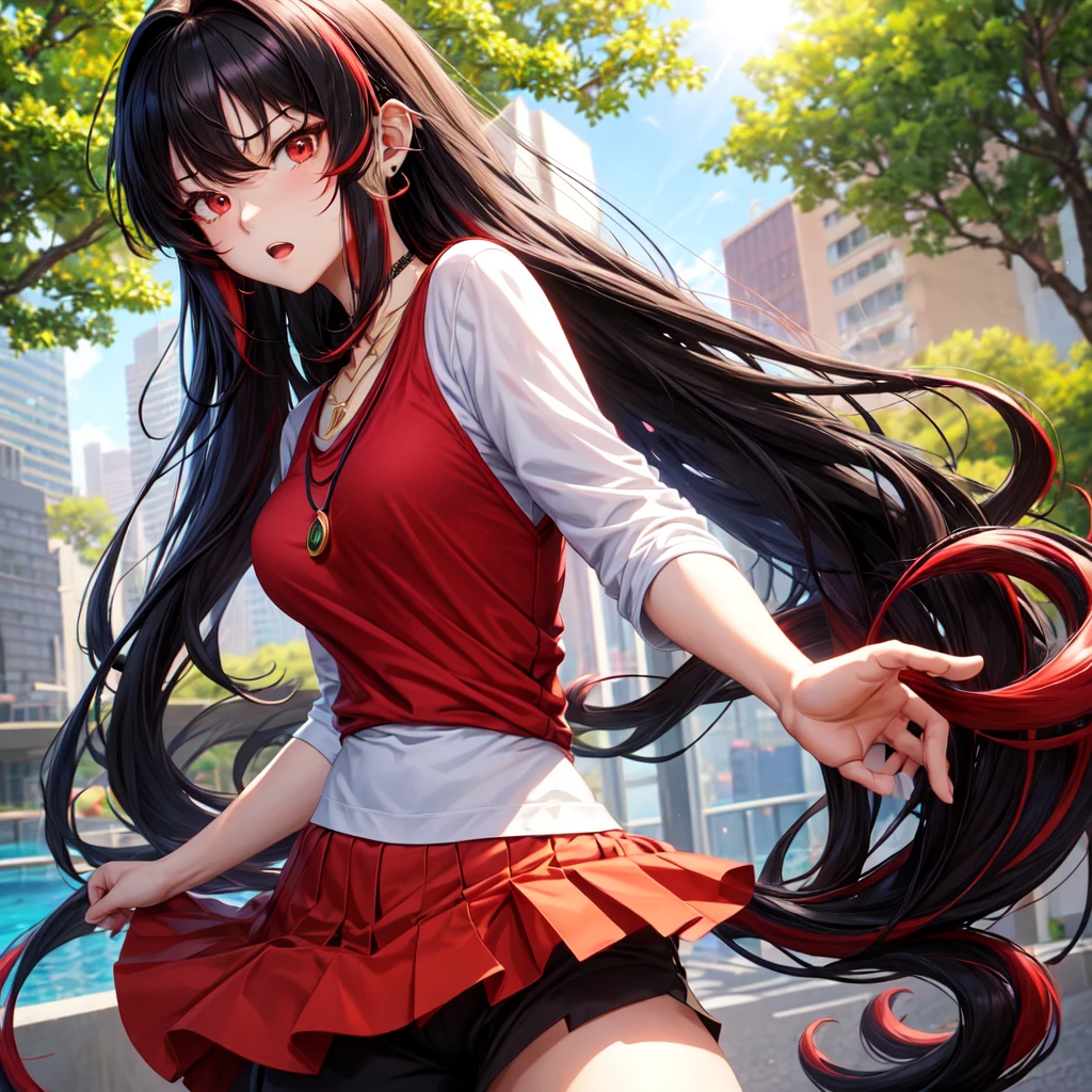 anime panel,upper body, 1girl,solo Korean, black curly hair with red highlights,long hair, red slanted eyes, casual clothes, ear piercing, necklace, hair illuminated by sunlight, park background, anger expression