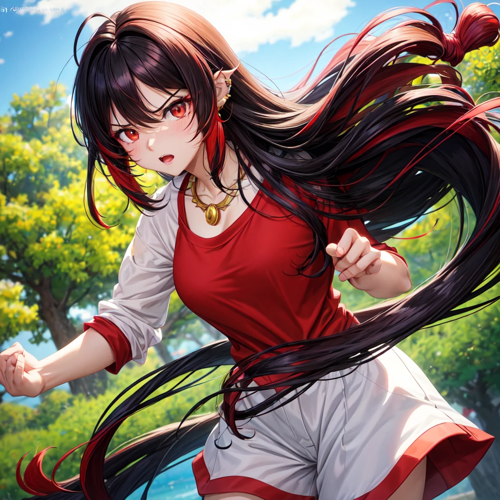 anime panel,upper body, 1girl,solo Korean, black curly hair with red highlights,long hair, red slanted eyes, casual clothes, ear piercing, necklace, hair illuminated by sunlight, park background, anger expression
