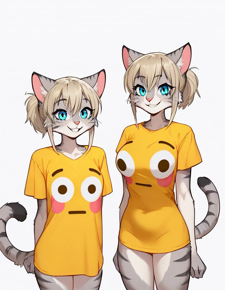 Solo, score_9,score_8_up,score_7_up, source_furry, (Kat, Anthro furry feline girl, adult female, blue eyes, blonde hair, silver fur, grey stripes, tail), BREAK, flushed_emoji_shirt, 1girl, multiple views, thighs, t-shirt, holding t-shirt, ((medium breasts)), simple background, grin,
