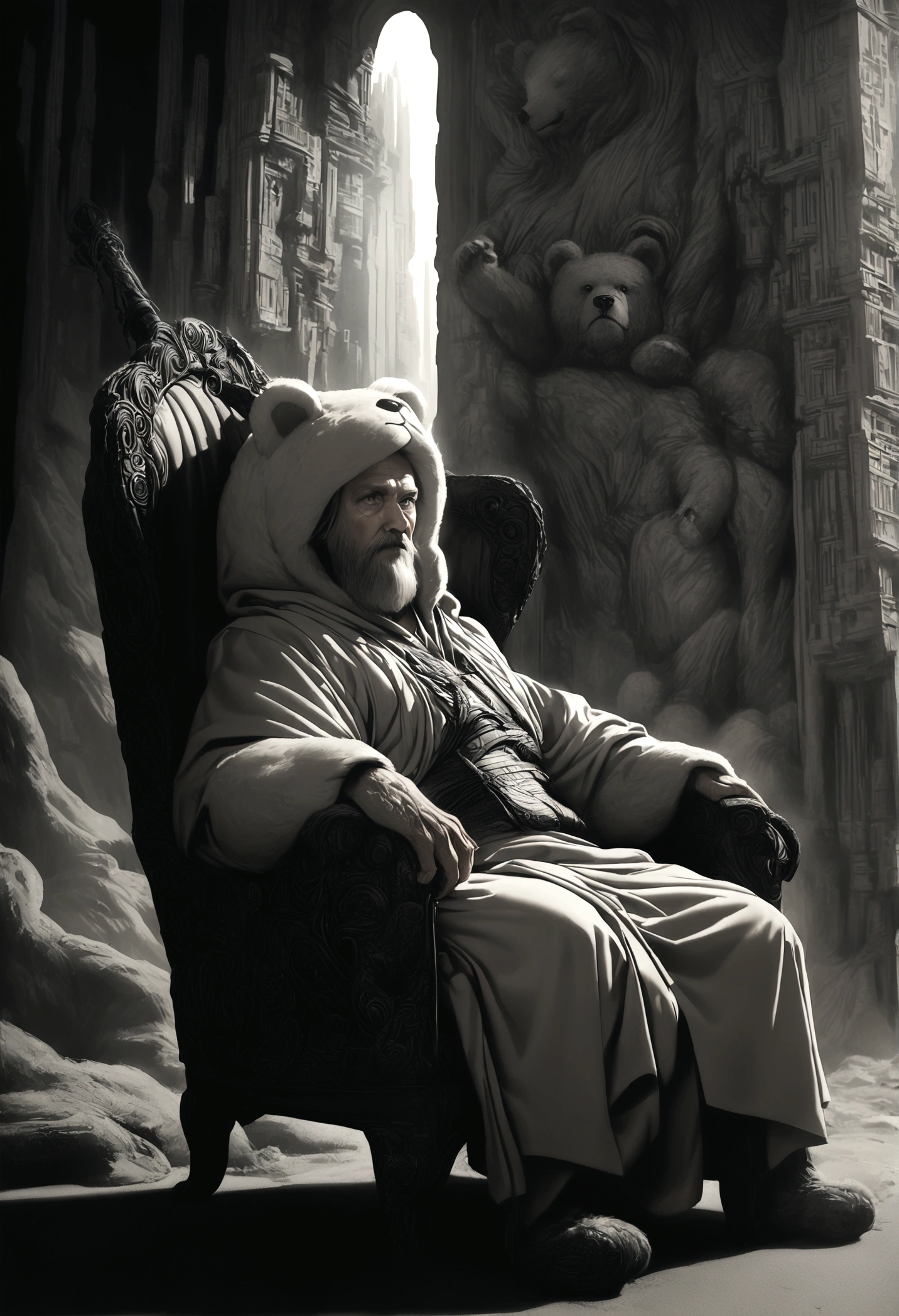 a rugged older Viking man with brown hair, a futuristic Utopia setting, sitting in a chair wrapped in a bear pelt, sharpening a high-tech axe, hyperrealistic, cinematic lighting, dramatic composition, detailed facial features, intricate textures, muted color palette, digital art