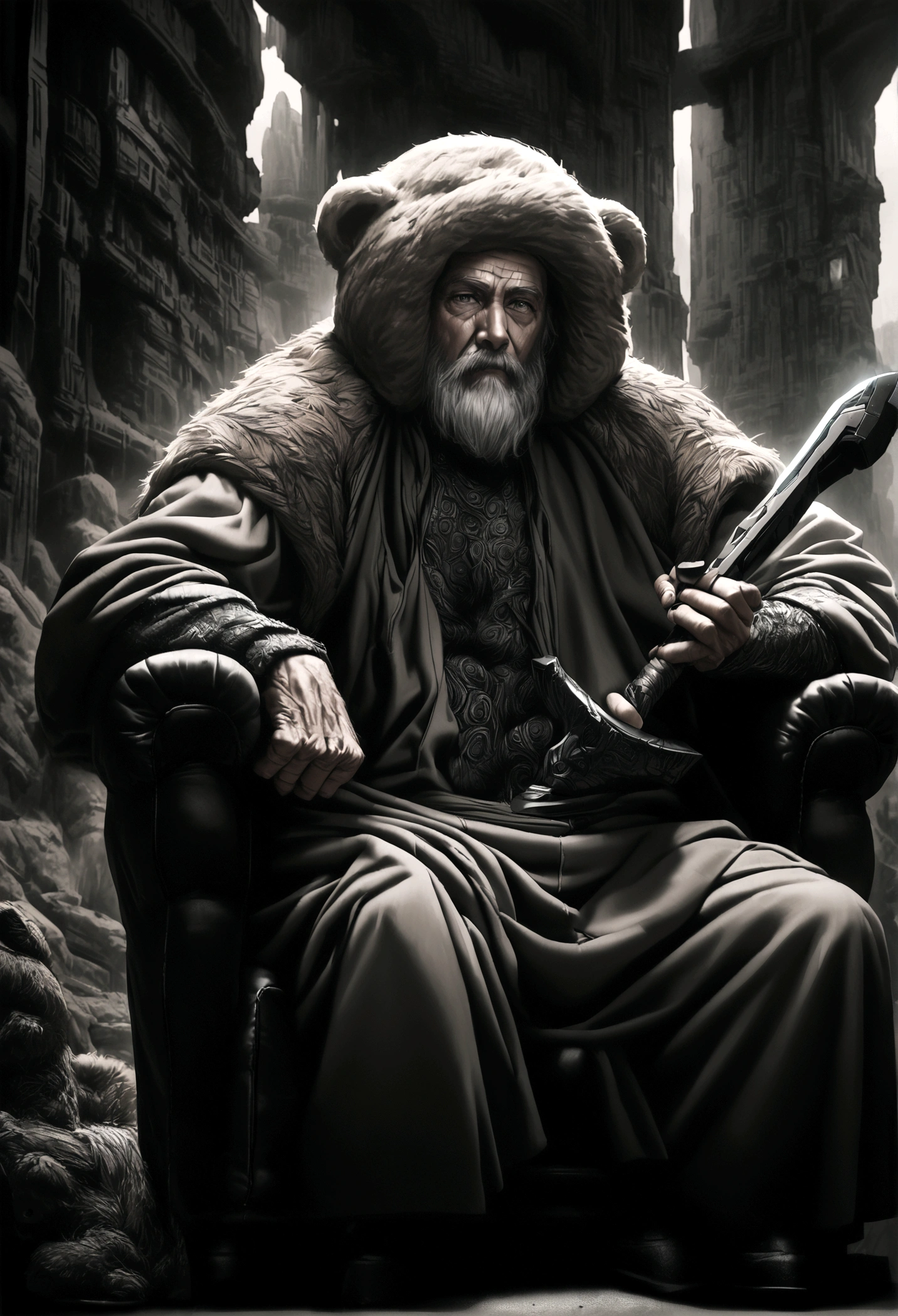 a rugged older Viking man with brown hair, a futuristic Utopia setting, sitting in a chair wrapped in a bear pelt, sharpening a high-tech axe, hyperrealistic, cinematic lighting, dramatic composition, detailed facial features, intricate textures, muted color palette, digital art