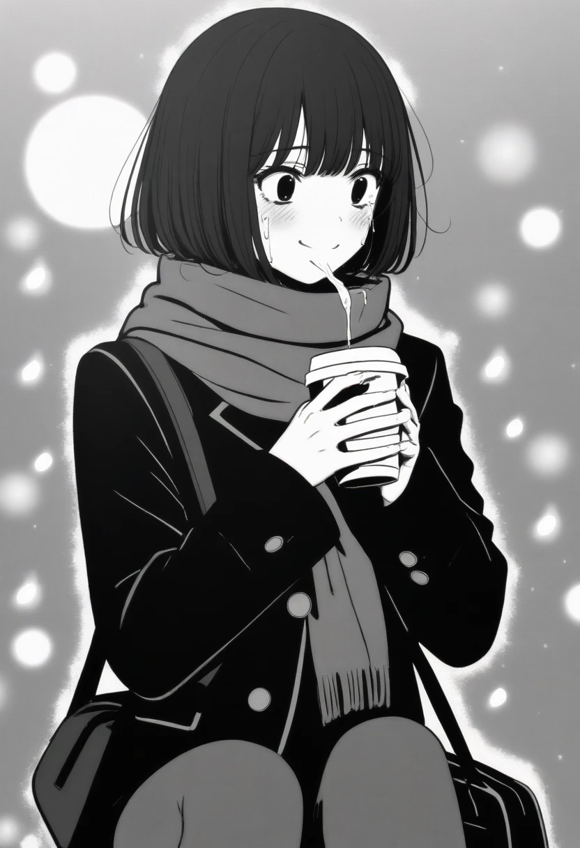 masterpiece, best quality, 1girl, mamerakkkkko, grayscale, manga style, japanese, chi no wadachi, black eyes, street, iced, black hair, schoolbag, smile, lineart, black coat, black scarf, black pleated skirt, leggins, centered, 18 years old, tall, fair skinned, bokeh background, crying, tears, tears streaming, bob cut, light particles, centered, snowing, (((drinking coffee, perfect hand, detailed hand:1.1)), emotional anime scene