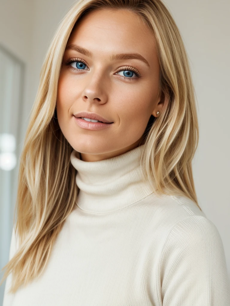 Cute blonde woman wearing a cream tight turtleneck sweater close up