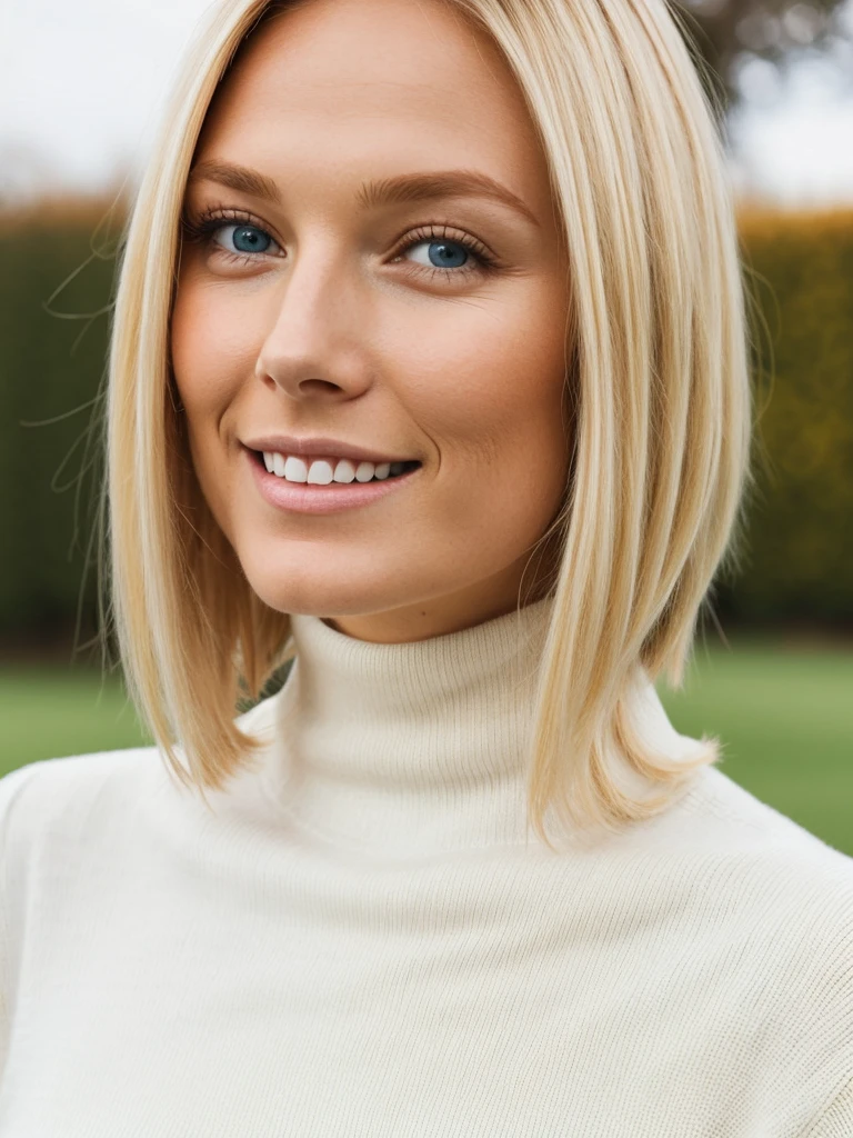 Cute blonde woman wearing a cream tight turtleneck sweater close up