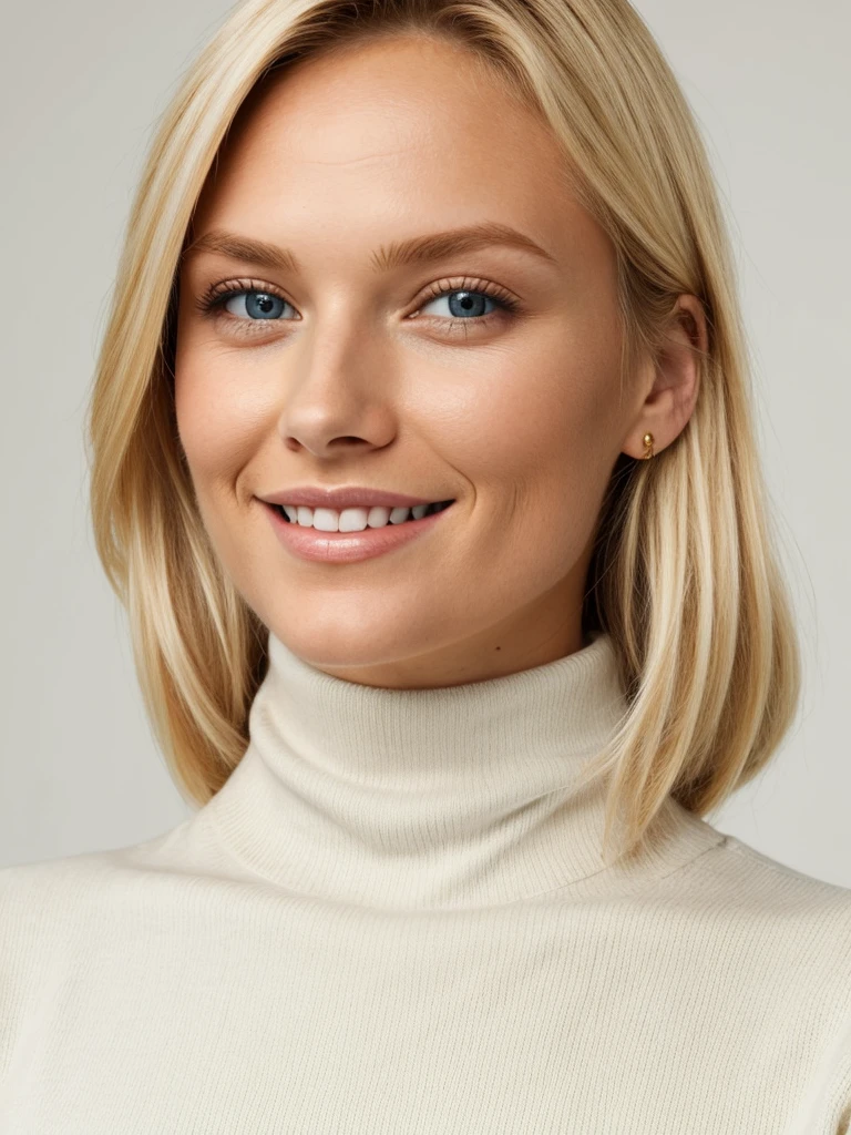 Cute blonde woman wearing a cream tight turtleneck sweater close up