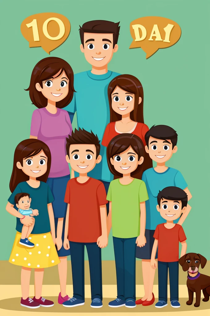 cartoon style a family dad, mama, 10 year old son, 7 year old son, 5 year old son and a small dog