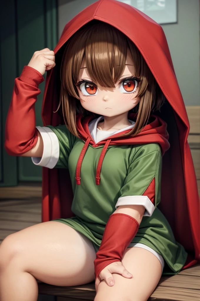 8 year old girl with brown eyes with red hooded cape and green dress in cartoon style mixed with anime.