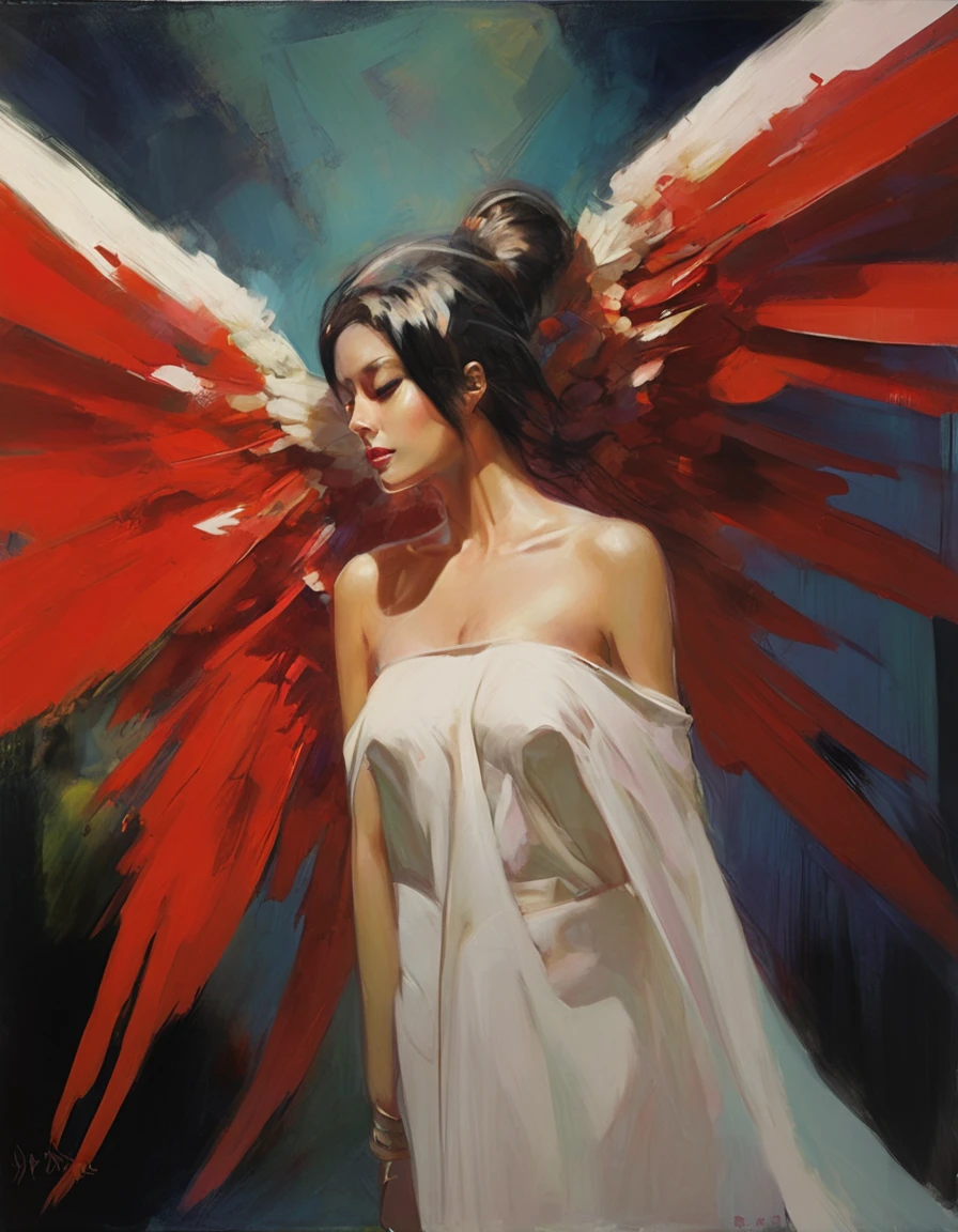 houjuu nue, asymmetrical wings,Wambu, Wambu_Draws,(art inspired by Bill Sienkiewicz). oil painting)
