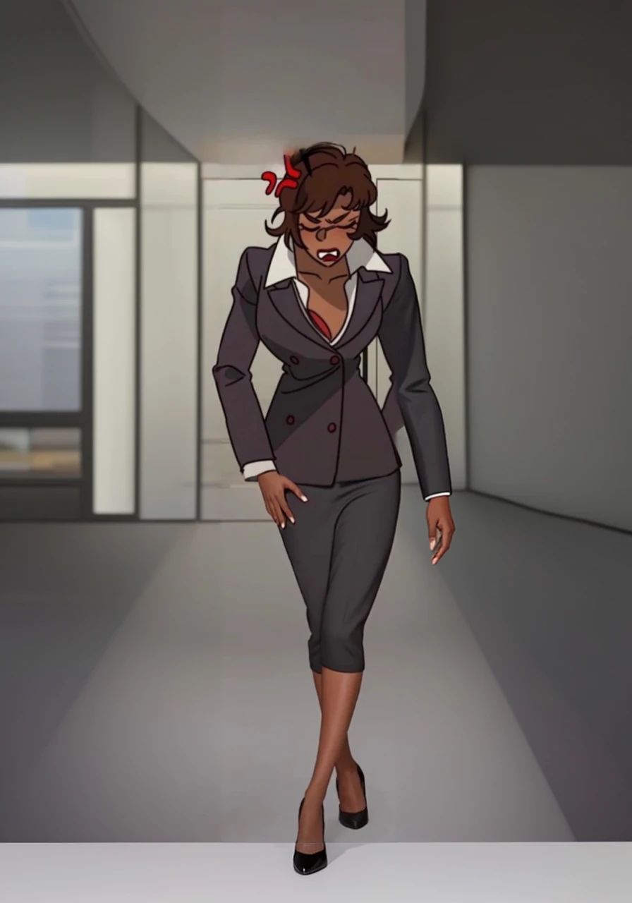 Black skinned business women in a long black skirt suit