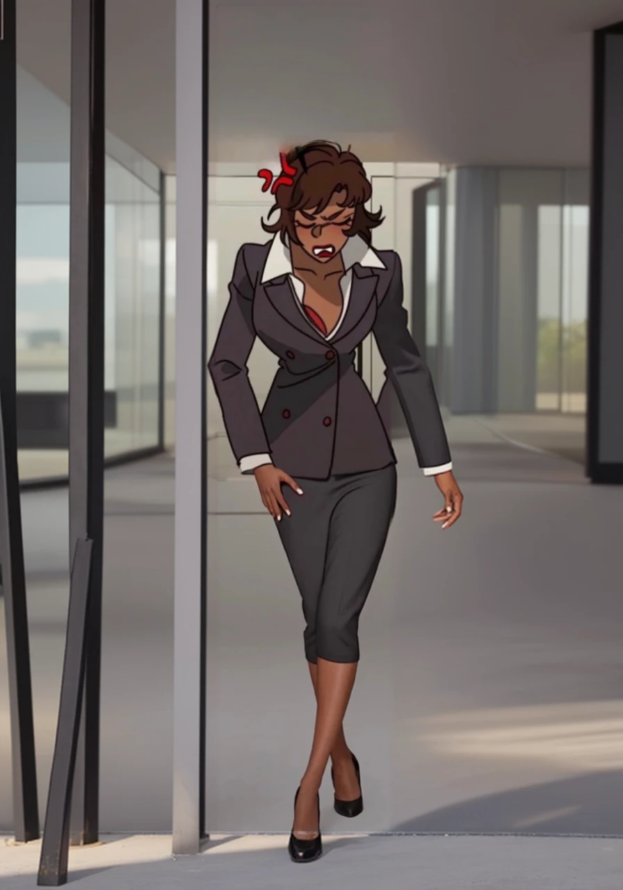 Black skinned business women in a long black skirt suit 