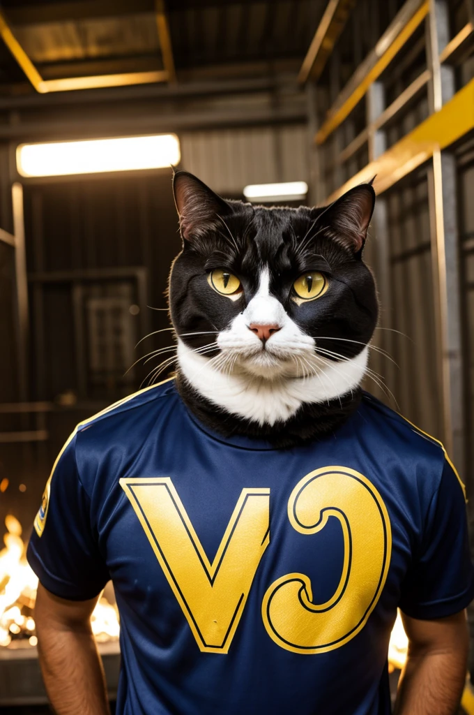 Tuxedo cat wearing a club america shirt while welding