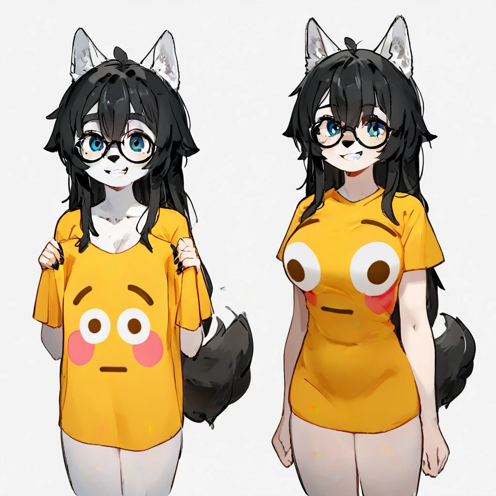 score_9,score_8_up,score_7_up, (a young nerdy Anthro furry wolf woman, wolf snout, white furry body, tall, long black messy hair, black hair, hair in a pony tail, hair covering one eye, white wolf tail, black glasses, blue eyes, white wolf ears, white wolf tail, small breasts,  BREAK,  flushed_emoji_shirt, 1girl, multiple views, thighs, t-shirt, ((medium breasts)),  simple background, grin, 