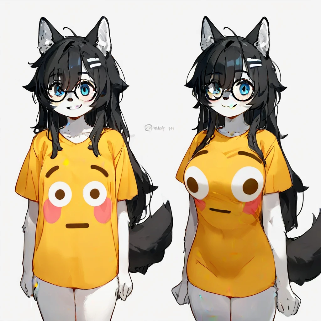 score_9,score_8_up,score_7_up, (a young nerdy Anthro furry wolf woman, wolf snout, white furry body, tall, long black messy hair, black hair, hair in a pony tail, hair covering one eye, white wolf tail, black glasses, blue eyes, white wolf ears, white wolf tail, small , BREAK, flushed_emoji_shirt, 1girl, multiple views, thighs, t-shirt, ((medium breastsmple background, grin,