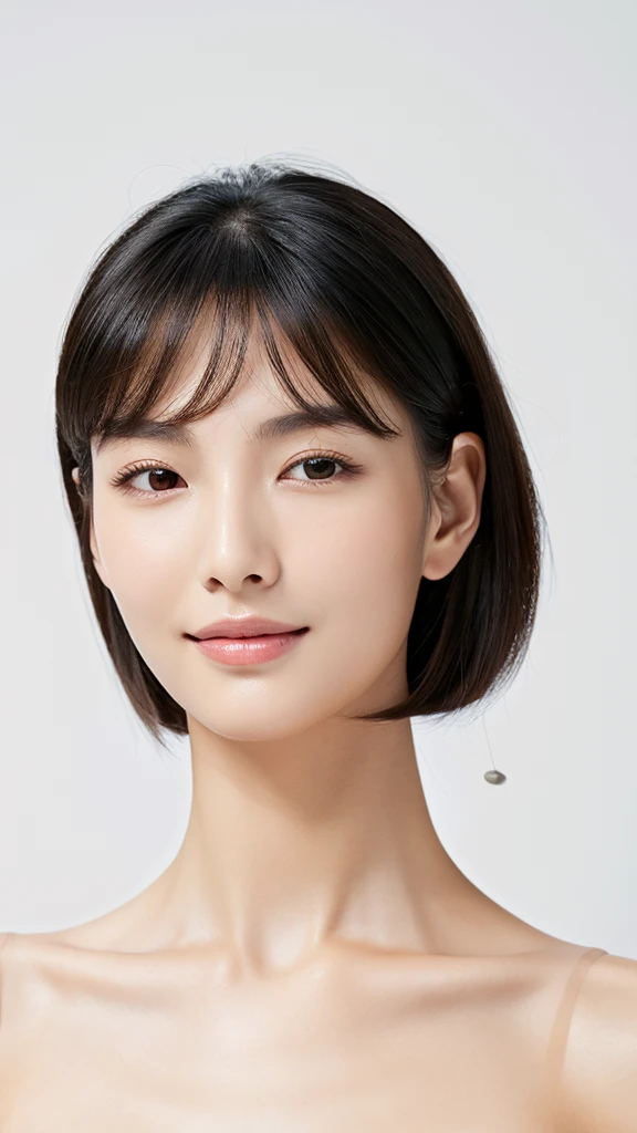 (masterpiece, Highest quality, High resolution)), 1 female, (Realistic: 1.4), alone, White Background, whole body,Mouth closed, Smile, Beautiful black hair, Short Bob, Slit eyes, Transparent double eyelids, eyelash, Listen carefully, Absolute area, ((Face close-up)), (Draw the whole head, shoulder), 50 years old, Attractive proportions, Shiny skin, Beautiful collarbone, A face of golden proportions, Perfect Face, Teardrop-shaped moles, Mole on chest, bangs, clean bangs, beautiful bangs, Lip gloss, Thin lips, Pale skin, naked, Small face, All the heads are painted, shoulder all drawn, Look slightly up and into the camera,Wearing earrings