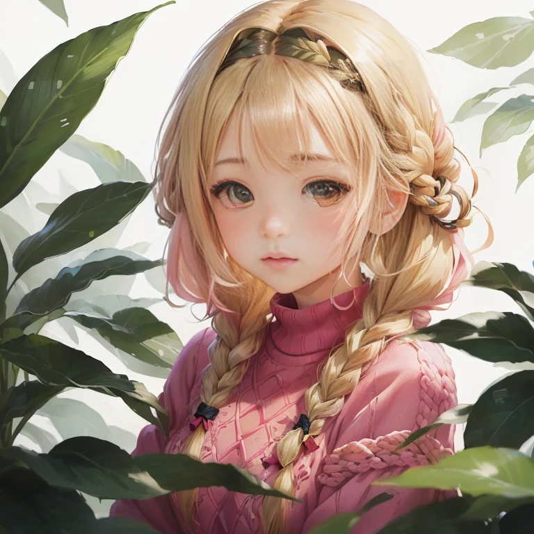 anime girl with braid hair and pink sweater standing in front of green plants, beautiful anime portrait, cute anime girl portrait, kawaii realistic portrait, portrait anime girl, cute anime girl portraits, anime style portrait, high quality portrait, cute anime girl, anime visual of a cute girl, anime girl portrait, portrait of cute anime girl, cute portrait, digital anime illustration