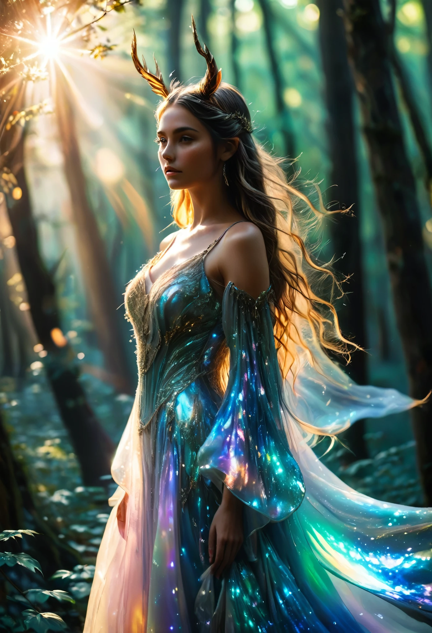 a beautiful young woman with long flowing hair, unicorn horns emerging from her forehead, glowing ethereal skin, wearing a shimmering iridescent dress, standing in a mystical fantasy forest setting, sunlight streaming through the trees, magical atmosphere, highly detailed, 8k, photorealistic, cinematic lighting, fantasy, digital art, concept art