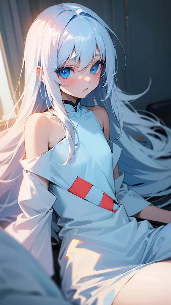 Cute girl, long white hair, Wear a shirt with small cuts out on shoulders, the clothes colour is white, Blue eyes, she on the bedroom,