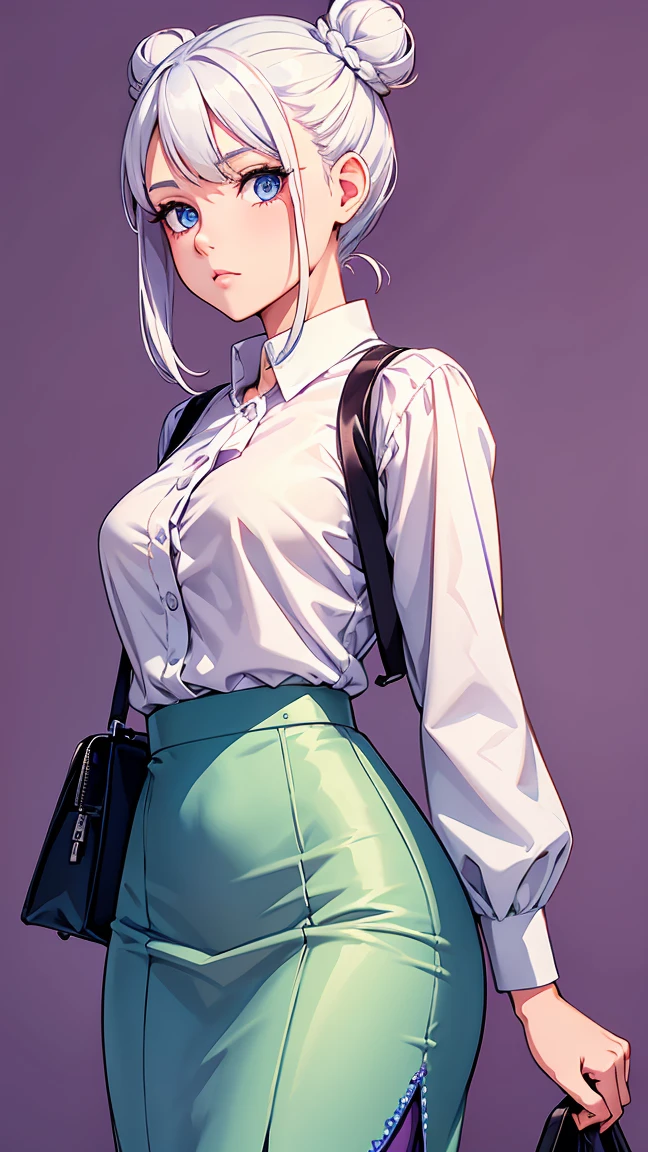 Girl1,alone,cowboy shot,round face,blue eyes,white hair,double bun hairstyle,purple blouse,Pencil skirt,bag),highly detailed,HD,green background