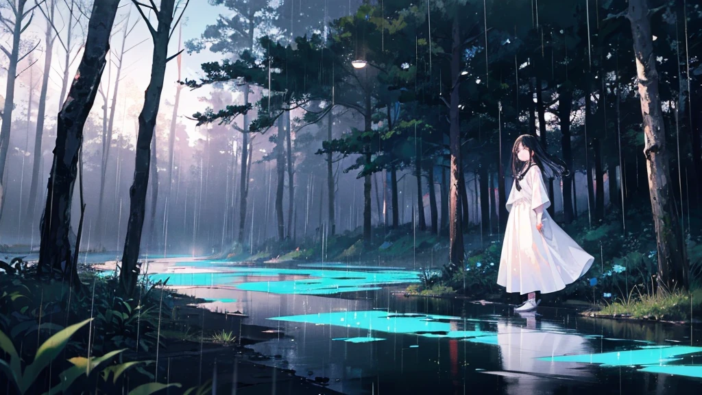 sea of trees at night、Woman standing alone、White clothes、Black Hair、Pitch black、rain