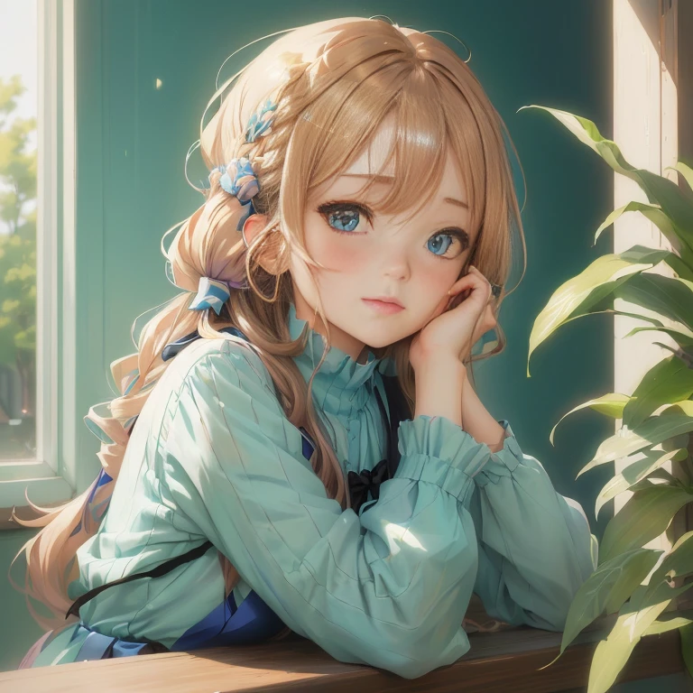 anime girl with long hair and blue eyes leaning on a window ledge, kawaii realistic portrait, beautiful anime portrait, cute anime girl portrait, anime visual of a cute girl, cute portrait, cute anime girl, cute anime girl portraits, portrait anime girl, lofi portrait, portrait of cute anime girl, painted in anime painter studio, smooth anime cg art, anime style portrait