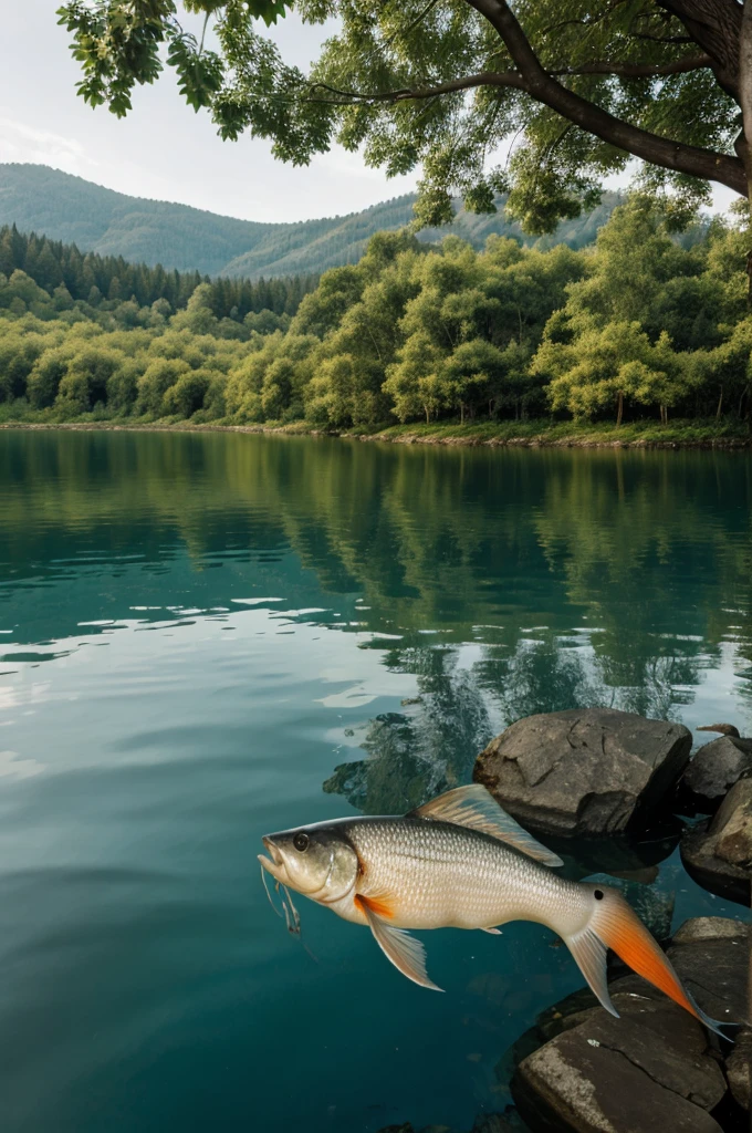 A ghost eating fish in lake