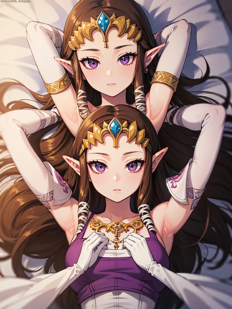 ((((Very delicate and beautiful face)))),((((((Arms above head)))))),((Princess Zelda)),((the legend of zelda)),((Front face)),((upper body)),Anime art style,masterpiece,(Dark brown hair), (Very detailed),(Very delicate and beautiful),(alone),((((pov)))),(Detailed face and eyes),Beautiful eyes like jewels,(Purple blouse),())),(( Queen in a beautiful)),((crinoline)),(((Long Straight Hair))),(Very beautiful mature woman),,length_gloves,,((Lying in bed))