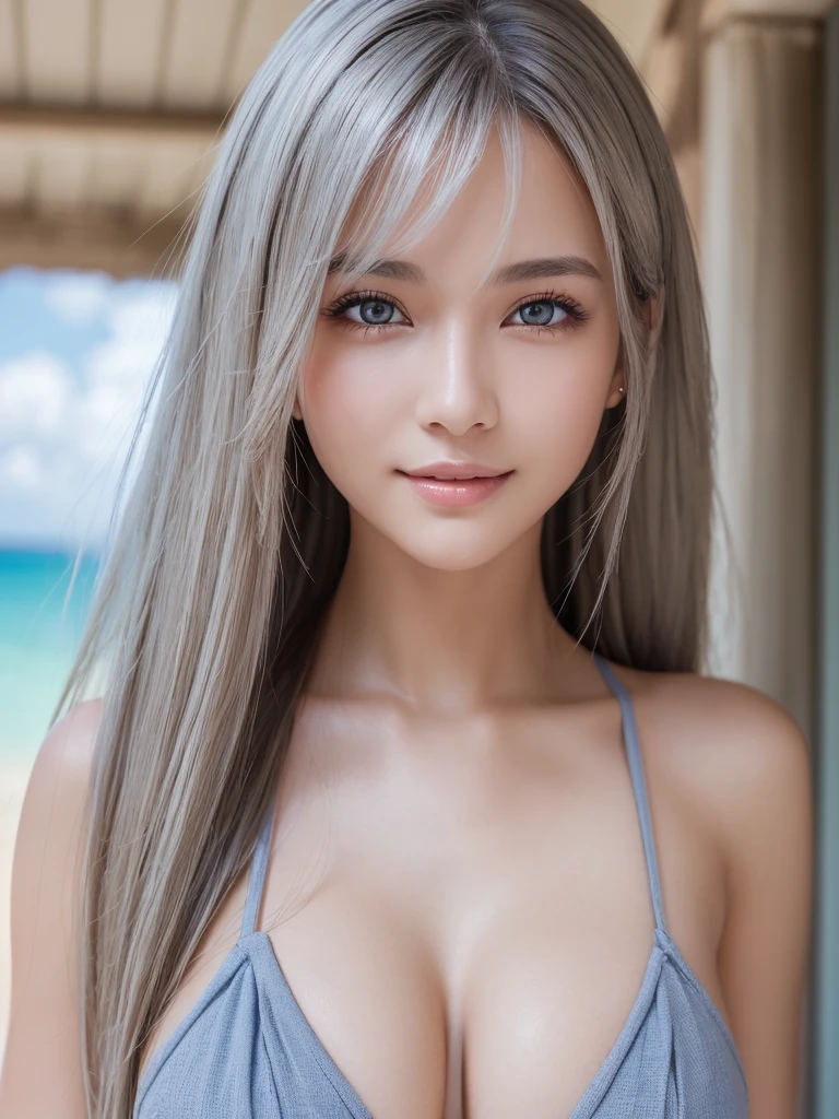 beach、Sandy Beach、blue sky、smile,1 girl, Big Boobs, (8K, RAW Photos, High sensitivity, Highest quality, masterpiece, Ultra High resolution, realism: 1.25), blush, (非常にdetailedなCGユニティ8K壁紙, Highest quality, High resolution: 1.2), (Ultra_detailed, 超High resolution: 1.2), Individuality, (1 girl: 1.4), (pretty girl: 1.2), Unreal Engine, Gray Hair, Perfect Face, Perfect body, Beautiful Eyes, Beautiful Face, (Light Skin: 1.4),Model Beauty,transparent,