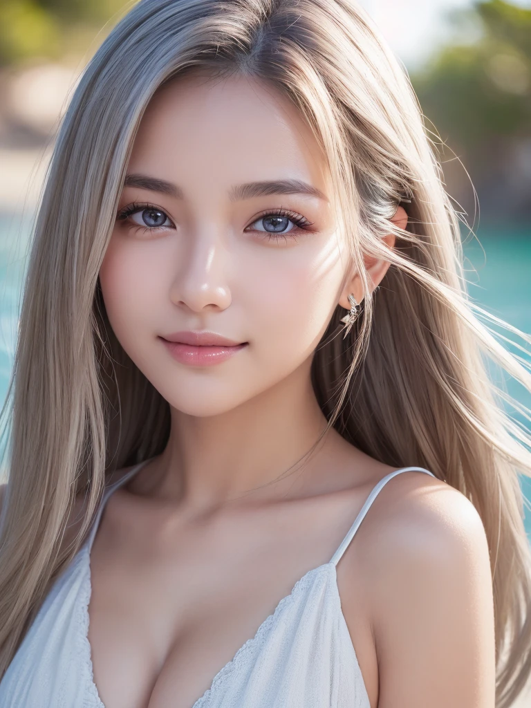 beach、Sandy Beach、blue sky、smile,1 girl, Big Boobs, (8K, RAW Photos, High sensitivity, Highest quality, masterpiece, Ultra High resolution, realism: 1.25), blush, (非常にdetailedなCGユニティ8K壁紙, Highest quality, High resolution: 1.2), (Ultra_detailed, 超High resolution: 1.2), Individuality, (1 girl: 1.4), (pretty girl: 1.2), Unreal Engine, Gray Hair, Perfect Face, Perfect body, Beautiful Eyes, Beautiful Face, (Light Skin: 1.4),Model Beauty,transparent,
