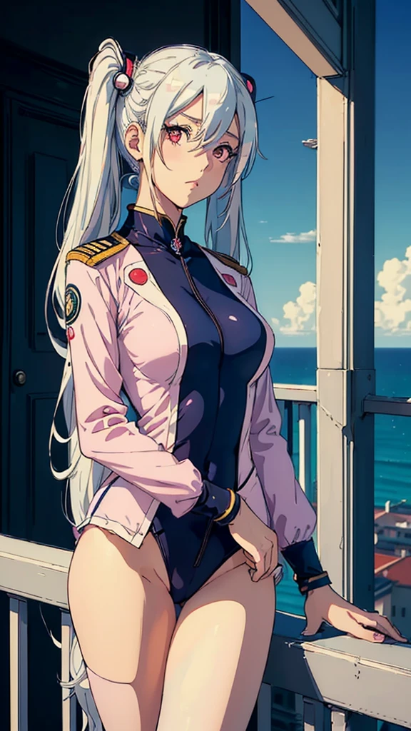 ((masterpiece, best quality)), ((anime girl in the balcony, retro style)) (1girl, mature), (solo, half body), (female focus, mature girl), (white hair, twintail hair),pink eyes, detailed eye, ((admiral suit, navy costume)), portraits, dramatic lighting, retro color