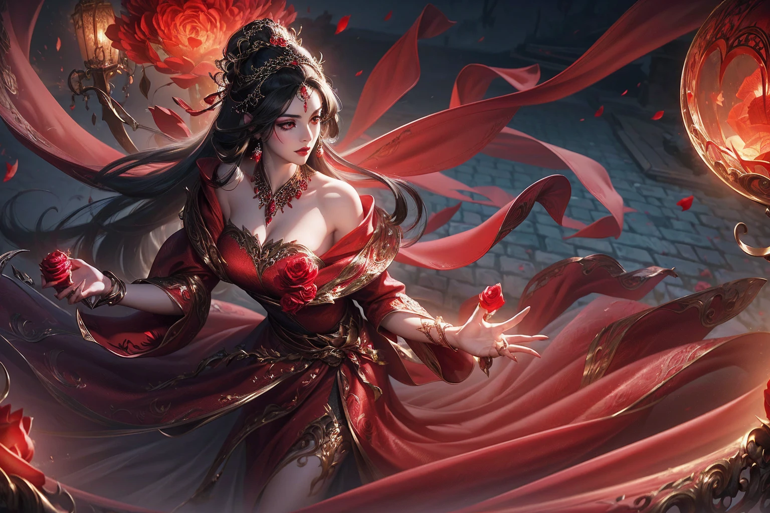 a beautiful and mysterious gypsy woman with long flowing black hair, wearing a vibrant red dress, holding a floating crystal ball, surrounded by red roses, dramatic lighting, cinematic composition, highly detailed, photorealistic, 8k, (best quality, 4k, 8k, highres, masterpiece:1.2), ultra-detailed, (realistic, photorealistic, photo-realistic:1.37), dramatic lighting, chiaroscuro, moody, alluring, seductive, captivating gaze, intricate patterns on dress, glowing crystal ball, lush red roses, cinematic angle, dramatic shadows, rich color palette