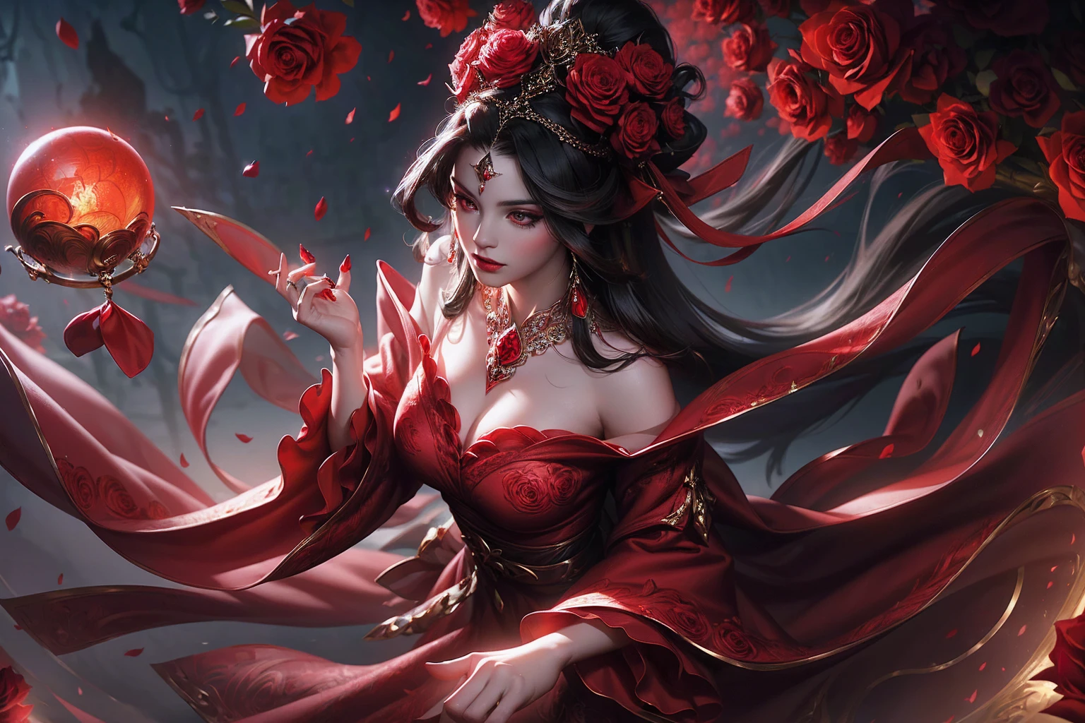a beautiful and mysterious gypsy woman with long flowing black hair, wearing a vibrant red dress, holding a floating crystal ball, surrounded by red roses, dramatic lighting, cinematic composition, highly detailed, photorealistic, 8k, (best quality, 4k, 8k, highres, masterpiece:1.2), ultra-detailed, (realistic, photorealistic, photo-realistic:1.37), dramatic lighting, chiaroscuro, moody, alluring, seductive, captivating gaze, intricate patterns on dress, glowing crystal ball, lush red roses, cinematic angle, dramatic shadows, rich color palette
