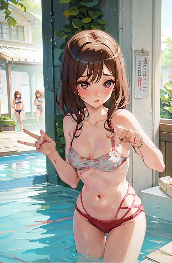 swimsuit、Cute Swimsuit、Random erotic poses、Chestnut Hair、Medium Hair、Blushing、lipstick、Perfect hands、Detailed hands、Poolサイド、Pool