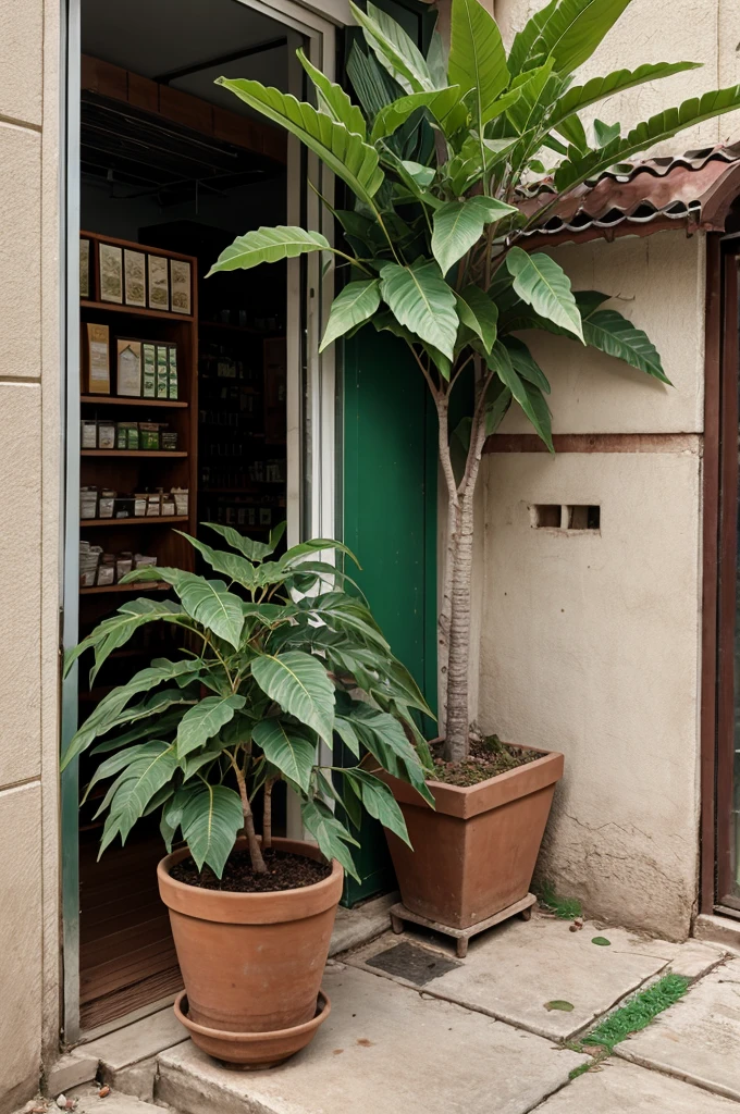 A neem tree in a planter in front of a closed shop