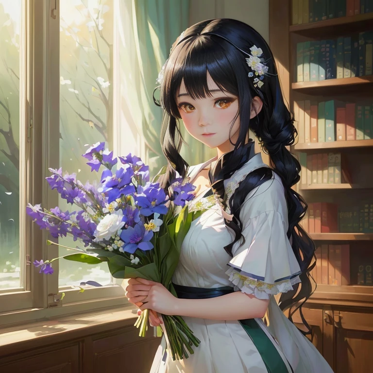 anime girl with long black hair holding a bouquet of flowers, hestia, with flowers, anime moe artstyle, holding magic flowers, artwork in the style of guweiz, holding flowers, guweiz, marin kitagawa fanart, painted in anime painter studio, in the art style of bowater, beautiful anime portrait, guweiz on pixiv artstation