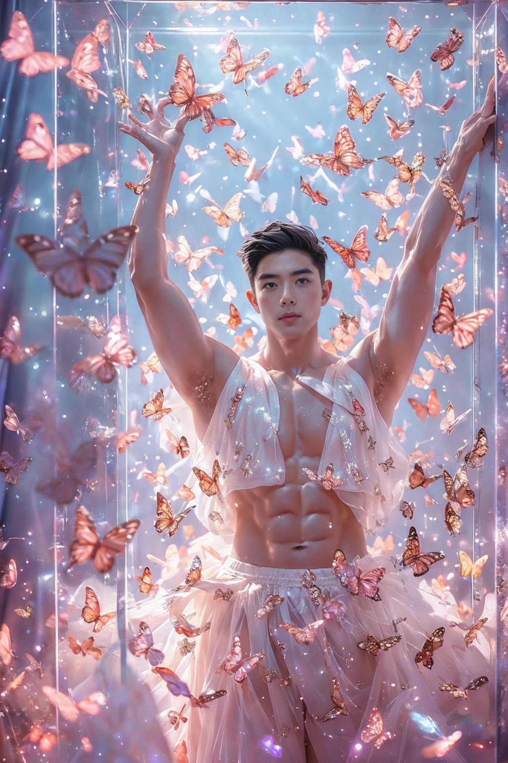 (8K, RAW photo, Highest quality) masterpiece, 1 young boy, 18 years old, Asian muscular man Look at viewer, standing forward, showing his huge muscular breasts, puffy nipples, sexy six packs, narrow waist, Handsome, Topless, Thick body hair, man wearing thong underwear , butterflies on his body, butterflies flying through the air, gradient background, Sparkle & Sequin Backdrops , cinematic lighting, UHD