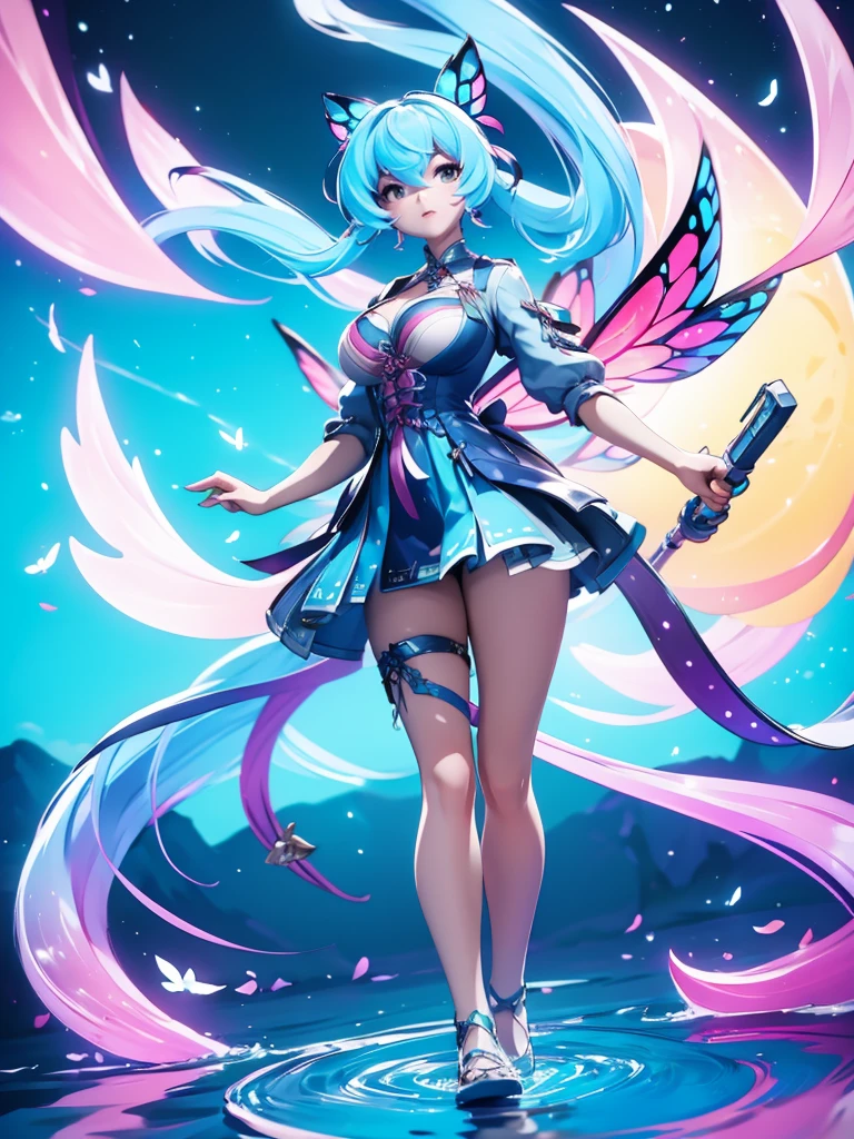 Seizo Watase style, Simple Line Initialism,Abstract art, 3d character, colorful hearts ,(((The most beautiful girl of all time))), (full body 1.2), only girl, long hair, bufferfly and sky background, 20 year old, full body, (((8k))), (((3d)), blue and pink hair, Large butterfly wings on the back, yellow moon, The right hand holds a large hammer with a long handle