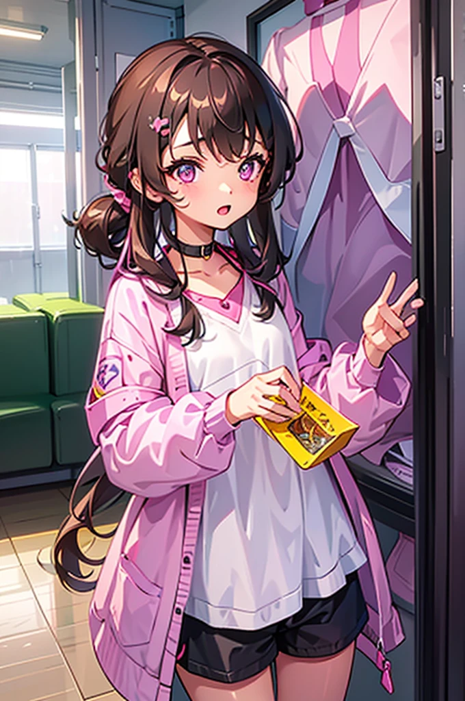 A Girl with long brown hair tied at the back with pink and purple ribbons, wearing a pink shirt with a collar and long sleeves. Wearing loose shorts She is cute