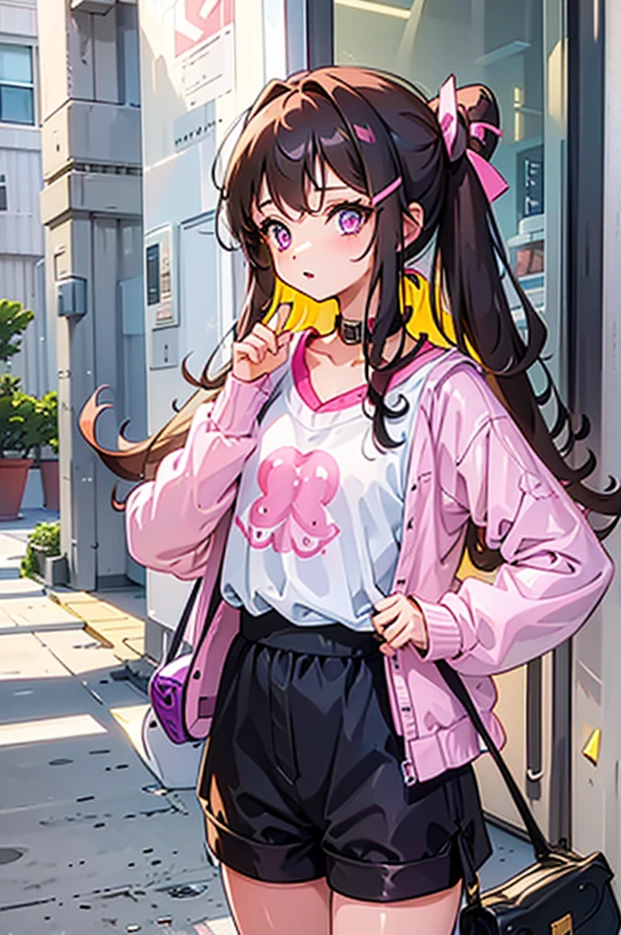 A Girl with long brown hair tied at the back with pink and purple ribbons, wearing a pink shirt with a collar and long sleeves. Wearing loose shorts She is cute